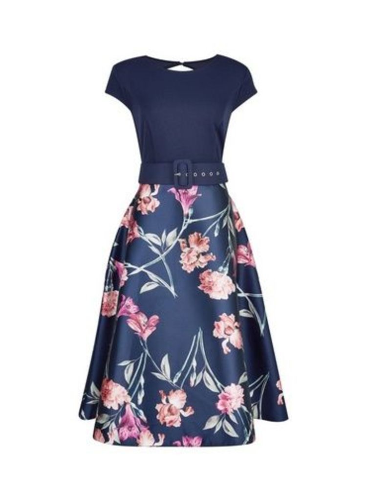 Womens **Luxe Navy Floral Print Belted Dress- Multi Colour, Multi Colour