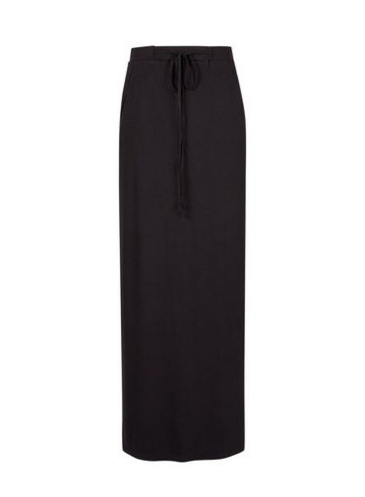 Womens Black Tie Waist Jersey Maxi Skirt- Black, Black