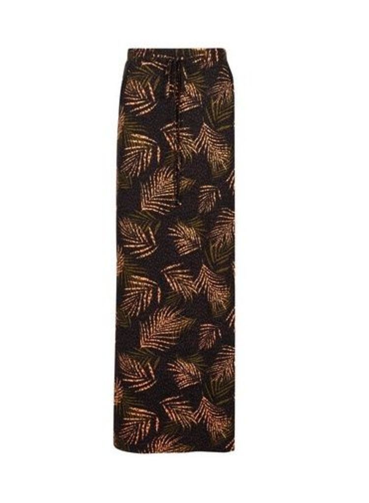 Womens Black Jersey Leaf Print Tie Waist Maxi Skirt, Black