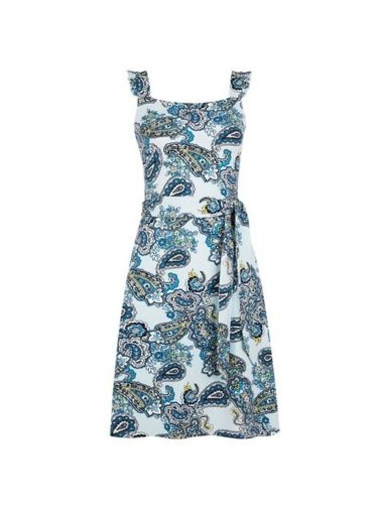 Womens Blue Paisley Print Ruffle Fit And Flare Dress- Blue, Blue