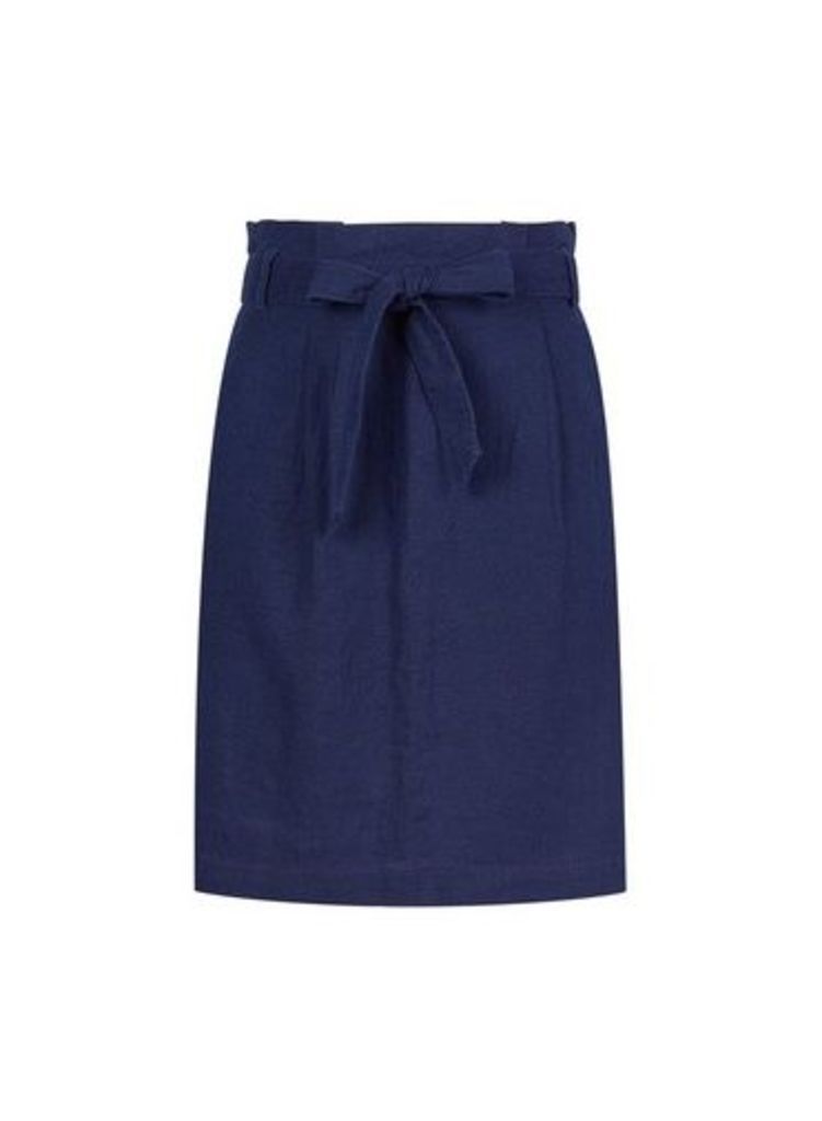 Womens Navy Linen Blend Skirt - Blue, Blue
