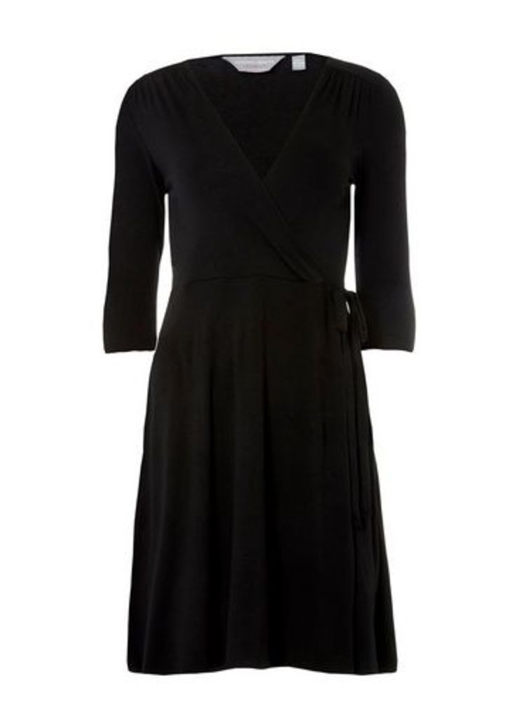Womens Petite Black Wrap Dress- Black, Black