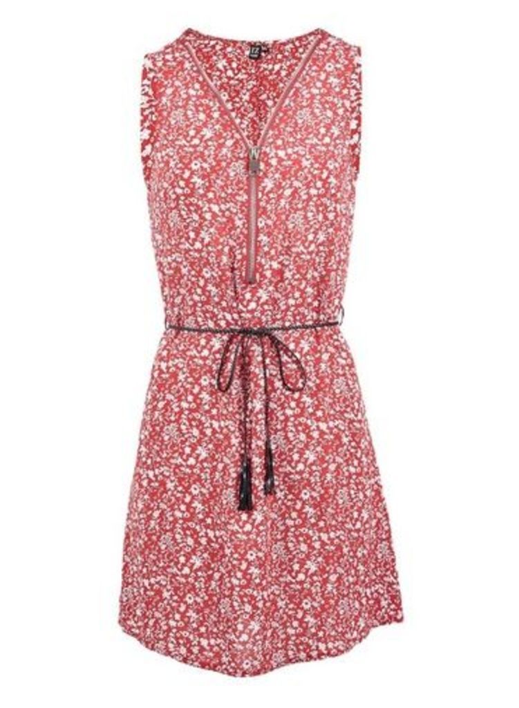 Womens Izabel London Red Floral Print Zip Front Dress, Red