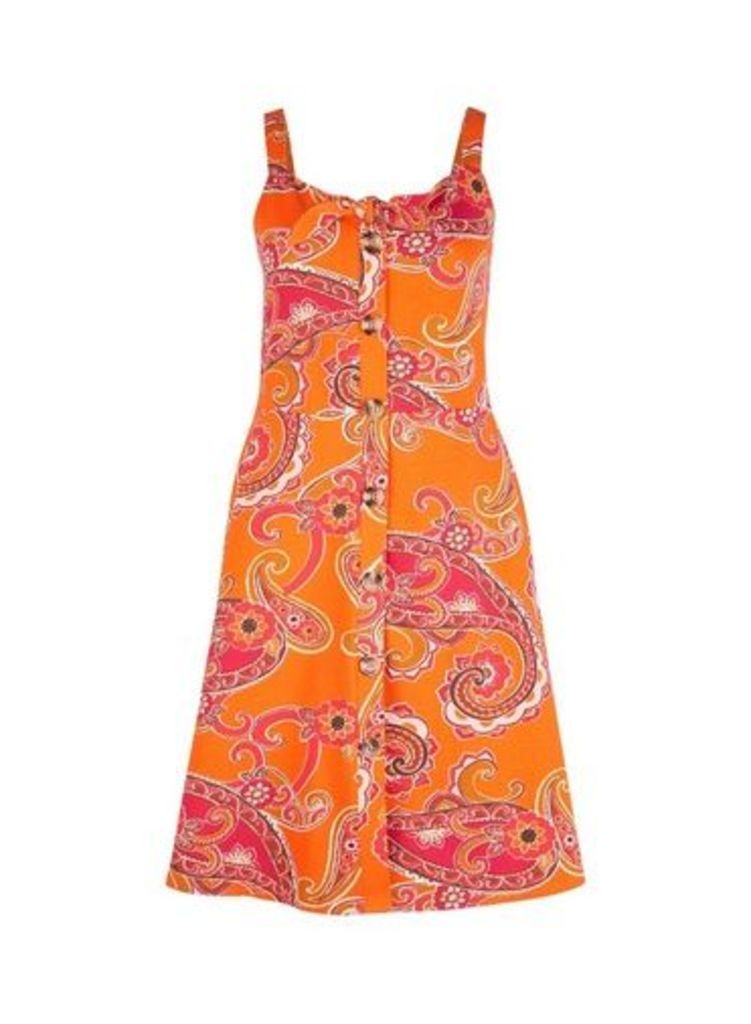 Womens Orange Paisley Print Fit And Flare Dress- Orange, Orange