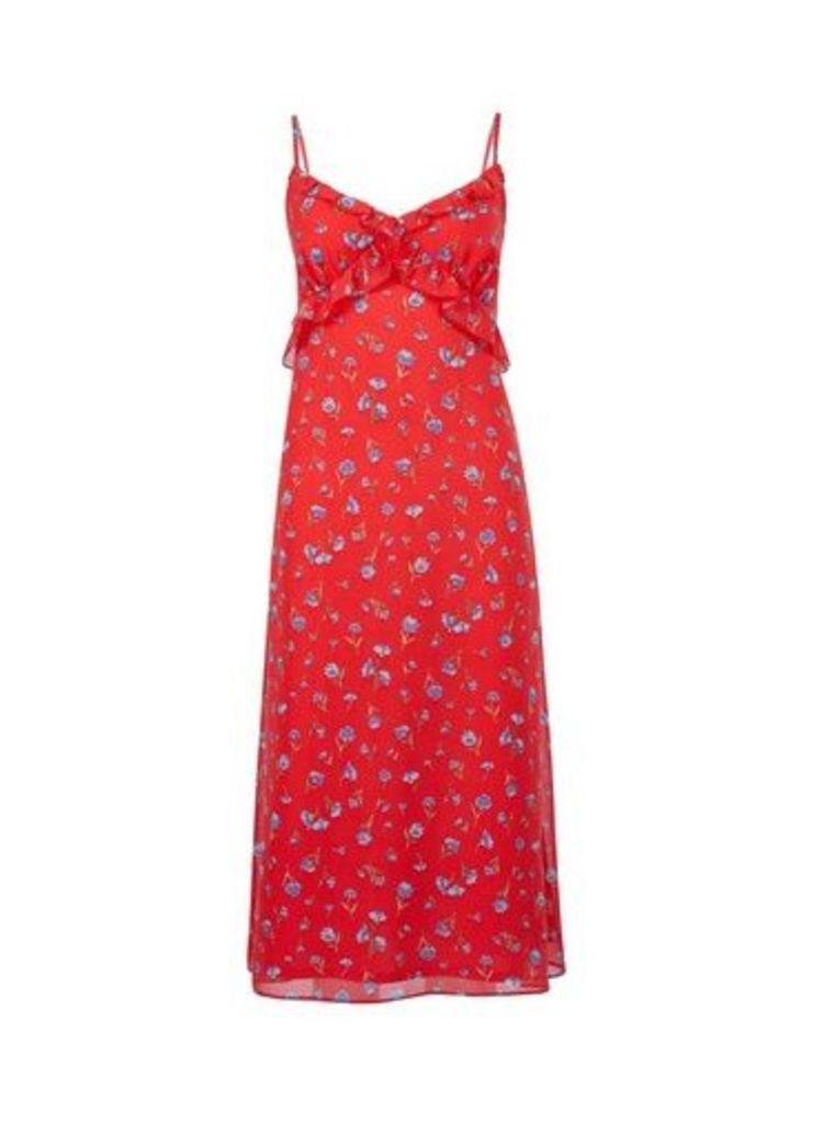 Womens Red Floral Print Chiffon Slip Dress, Red