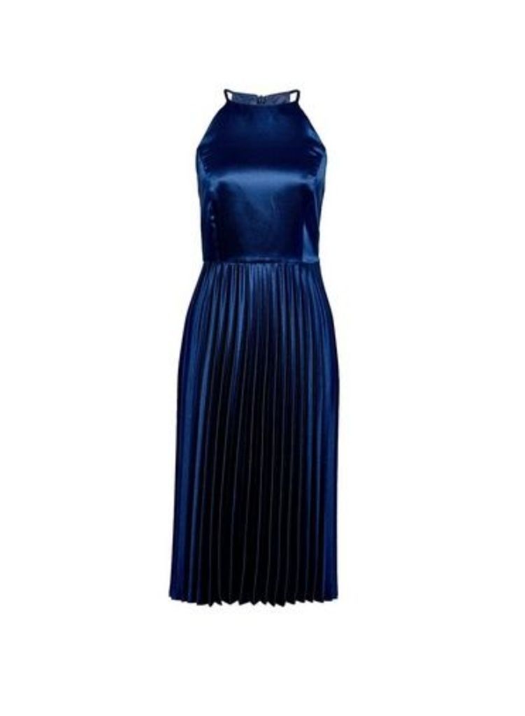 Womens Luxe Navy Halter Pleated Midi Dress - Blue, Blue
