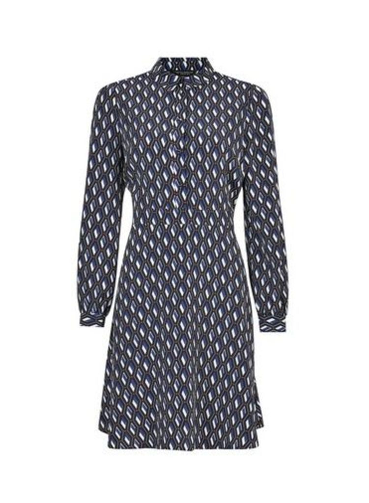 Womens Blue Printed Fit And Flare Shirt Dress, Blue
