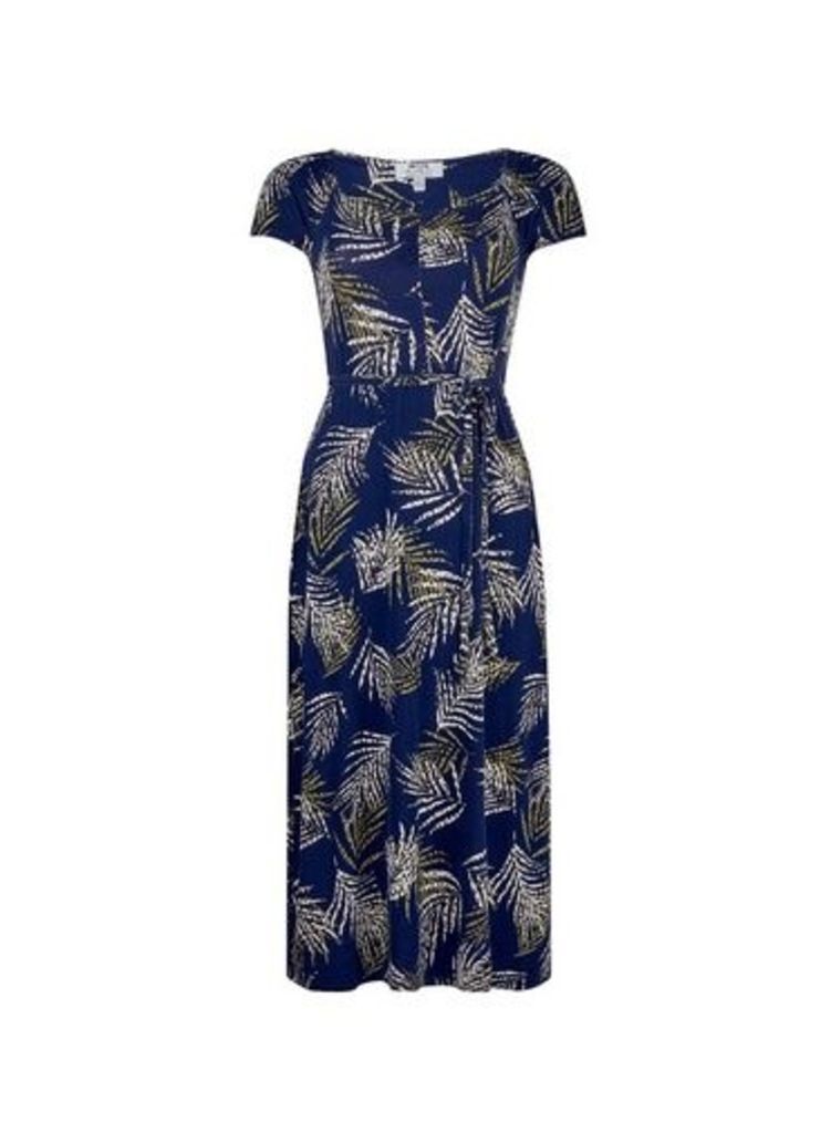 Womens Petite Navy Tropical Print Ruched Midi Dress- Blue, Blue