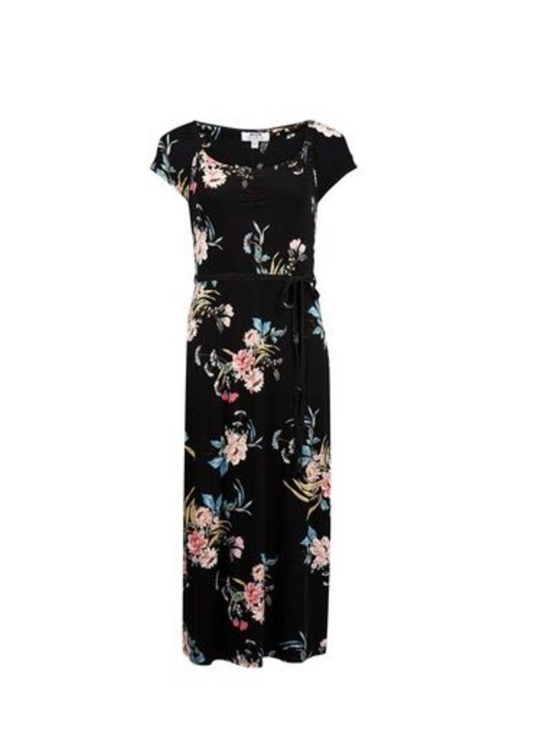 Womens Petite Black Floral Print Ruched Midi Dress, Black