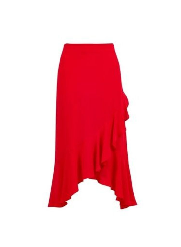 Womens Red Midi Skirt- Red, Red