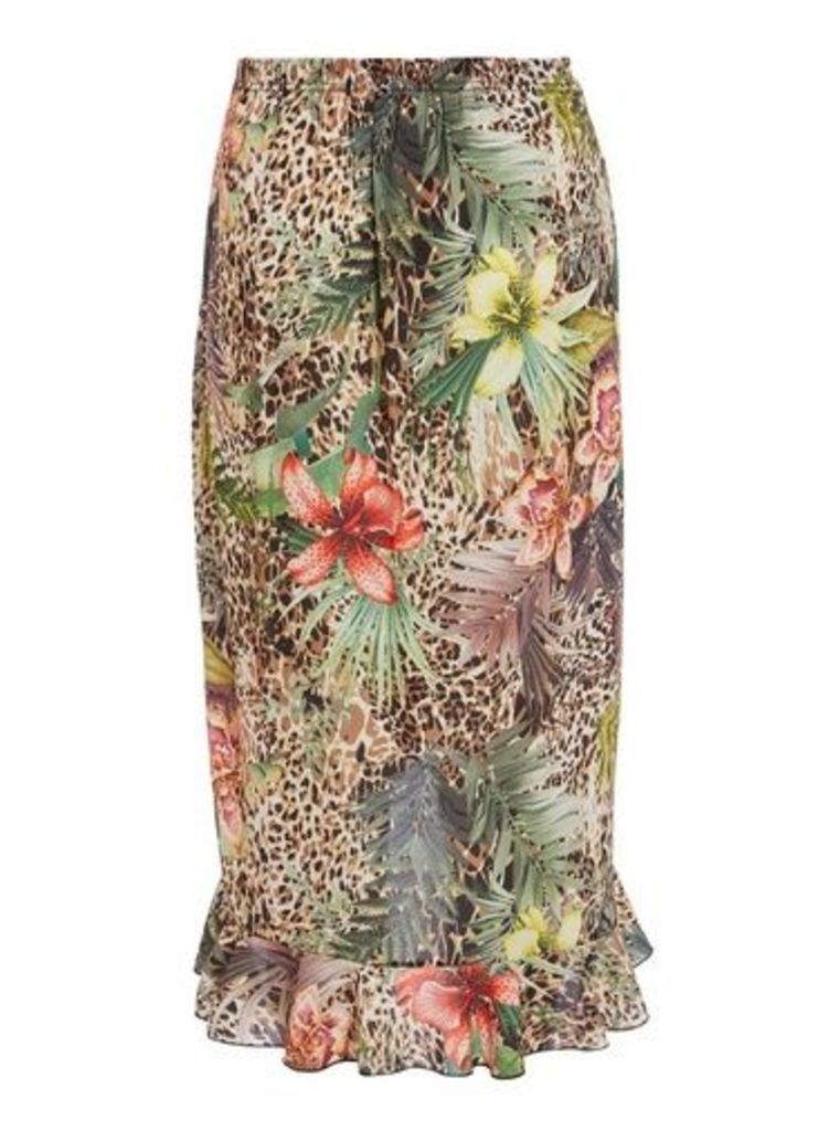 Womens *Quiz Brown Leopard Floral Print Midi Skirt- Brown, Brown