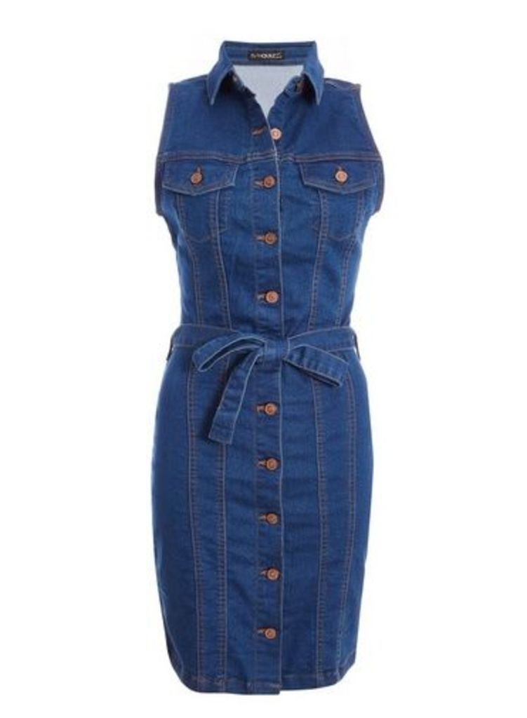 Womens *Quiz Blue Denim Button Front Bodycon Dress, Blue