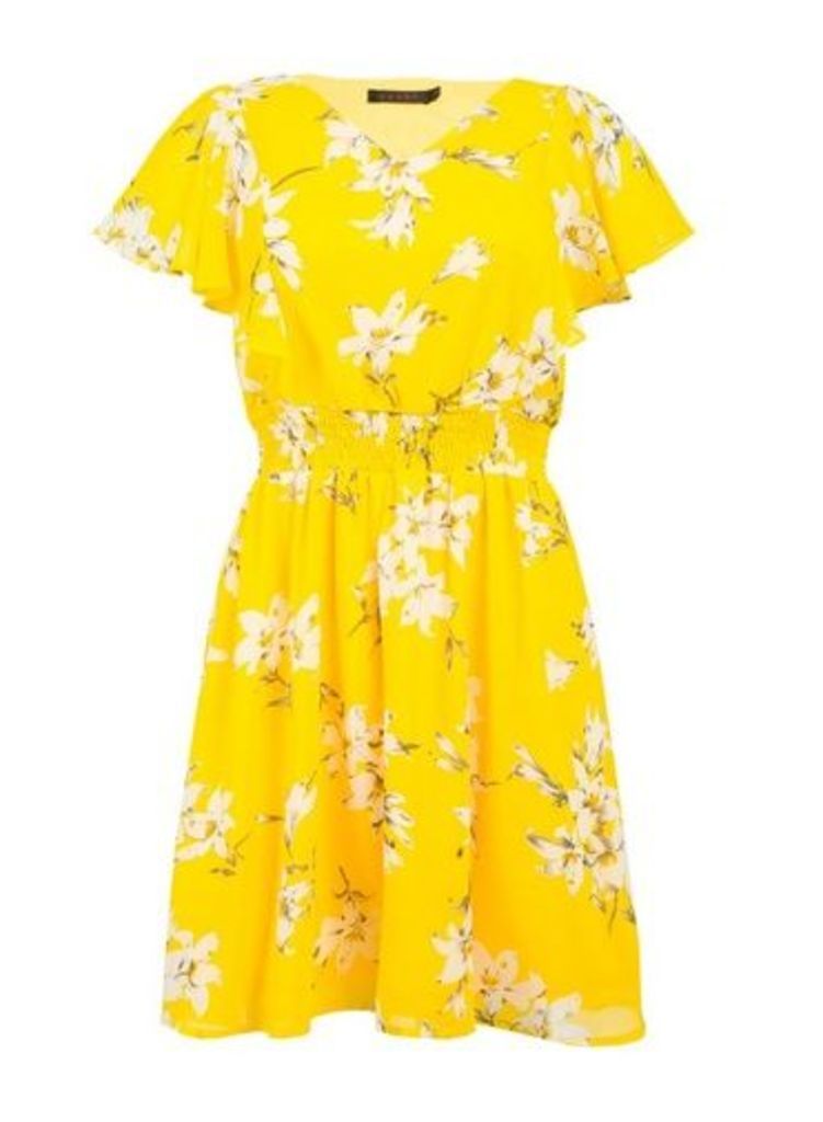 Womens *Tenki Yellow Floral Print Skater Dress, Yellow