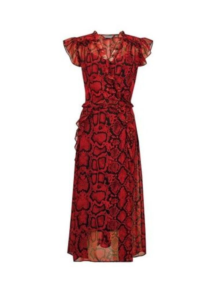 Womens **Tall Red Ruffle Snake Print Midi Dress, Red