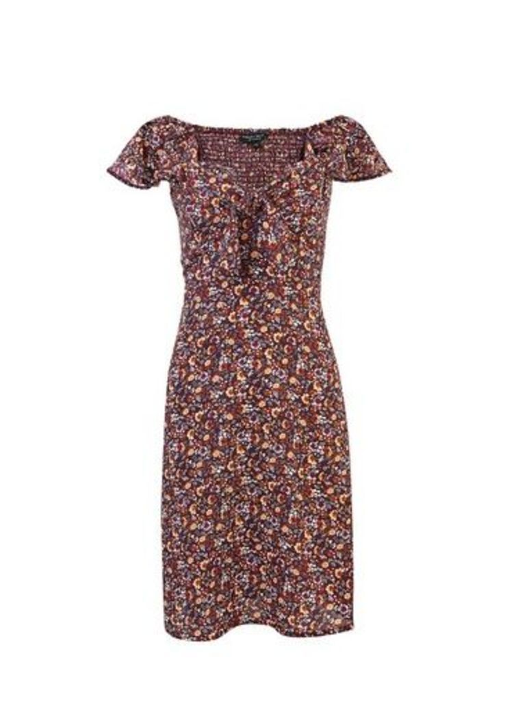 Womens Oxblood Floral Print Tie Front Dress - Red, Red