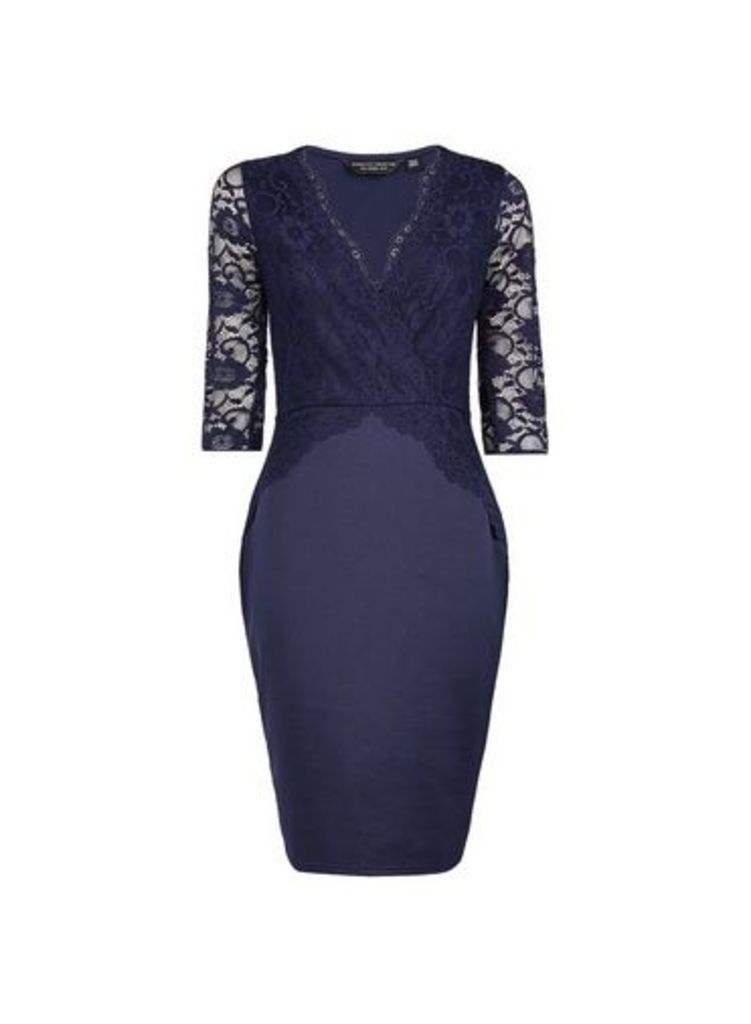 Womens Navy Lace Top Bodycon Dress - Blue, Blue