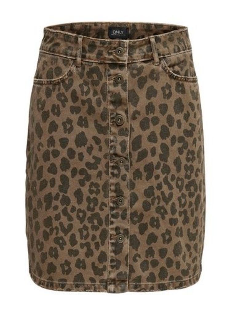 Womens Only Multi Colour Leopard Print Denim Skirt, Multi Colour