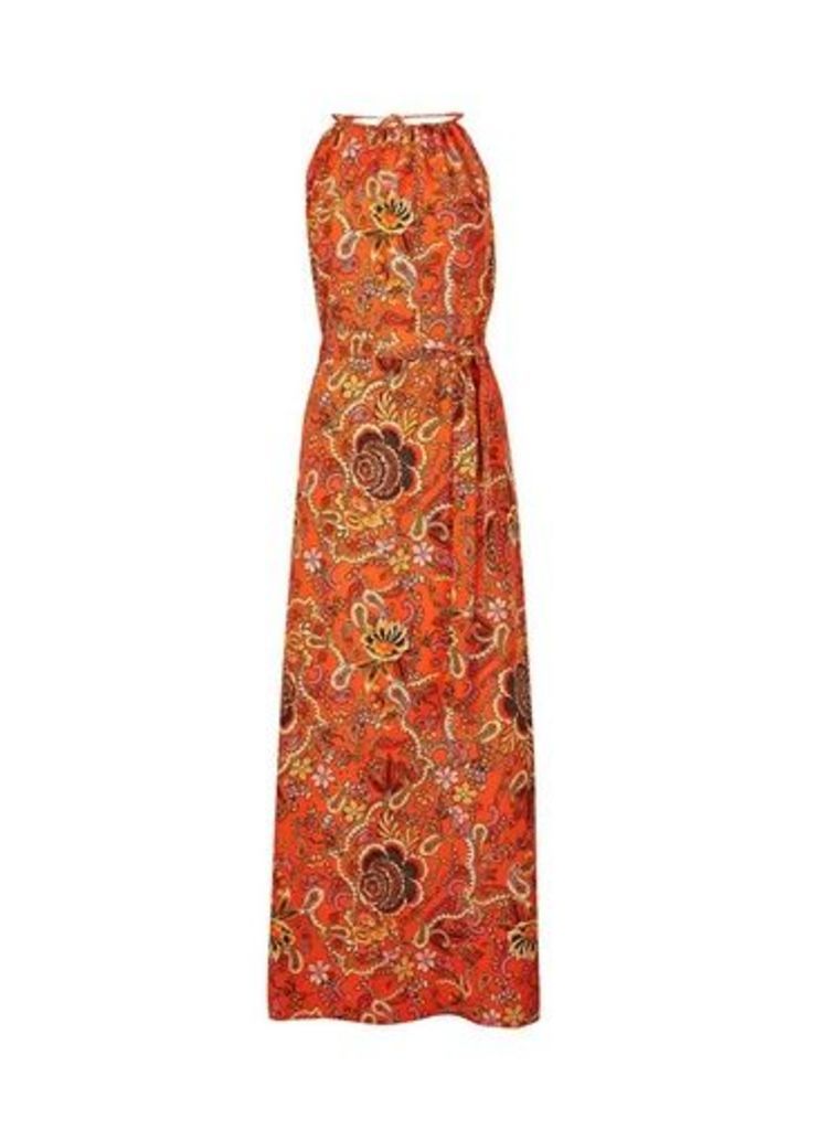 Womens Red Paisley Print Halter Neck Maxi Dress, Red