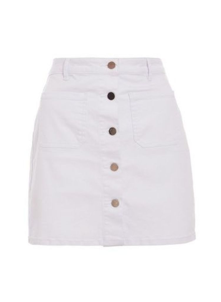 Womens Quiz White Denim Button Front Skirt, White