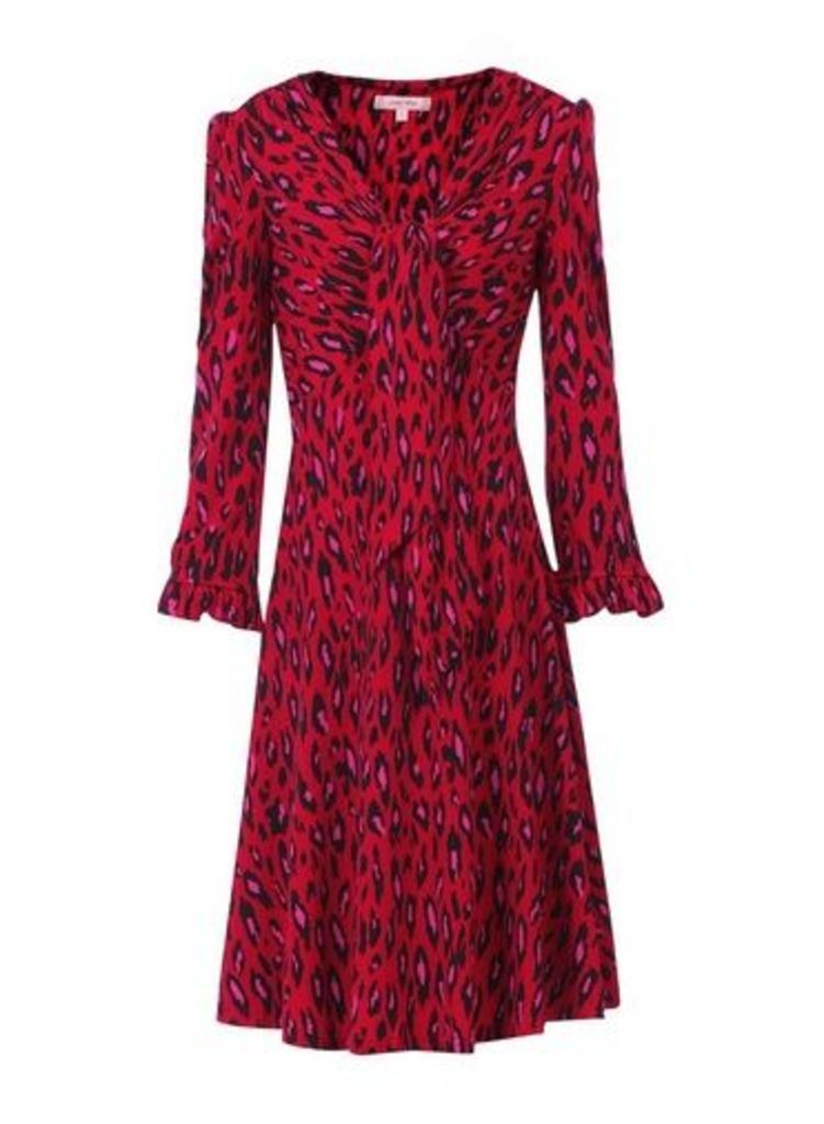 Womens Jolie Moi Red Leopard Print Tie Front Skater Dress, Red