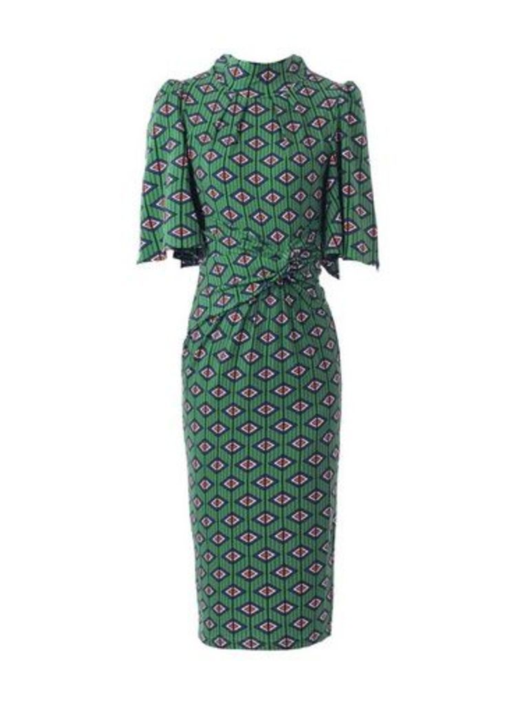 Womens Jolie Moi Green Geometric Print Flare Sleeve Dress, Green