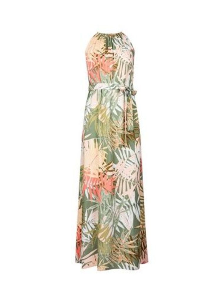 Womens Petite Palm Print Halter Neck Dress- Multi Colour, Multi Colour
