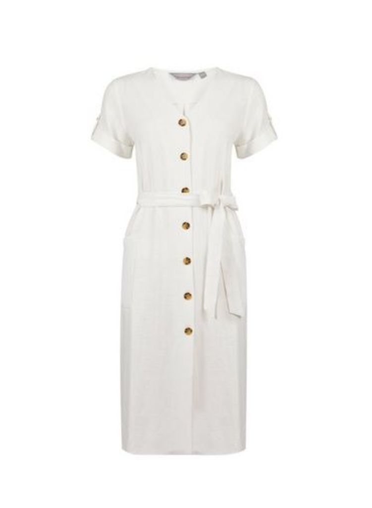 Womens Petite Ivory Utility Shirt Dress With Linen- White, White