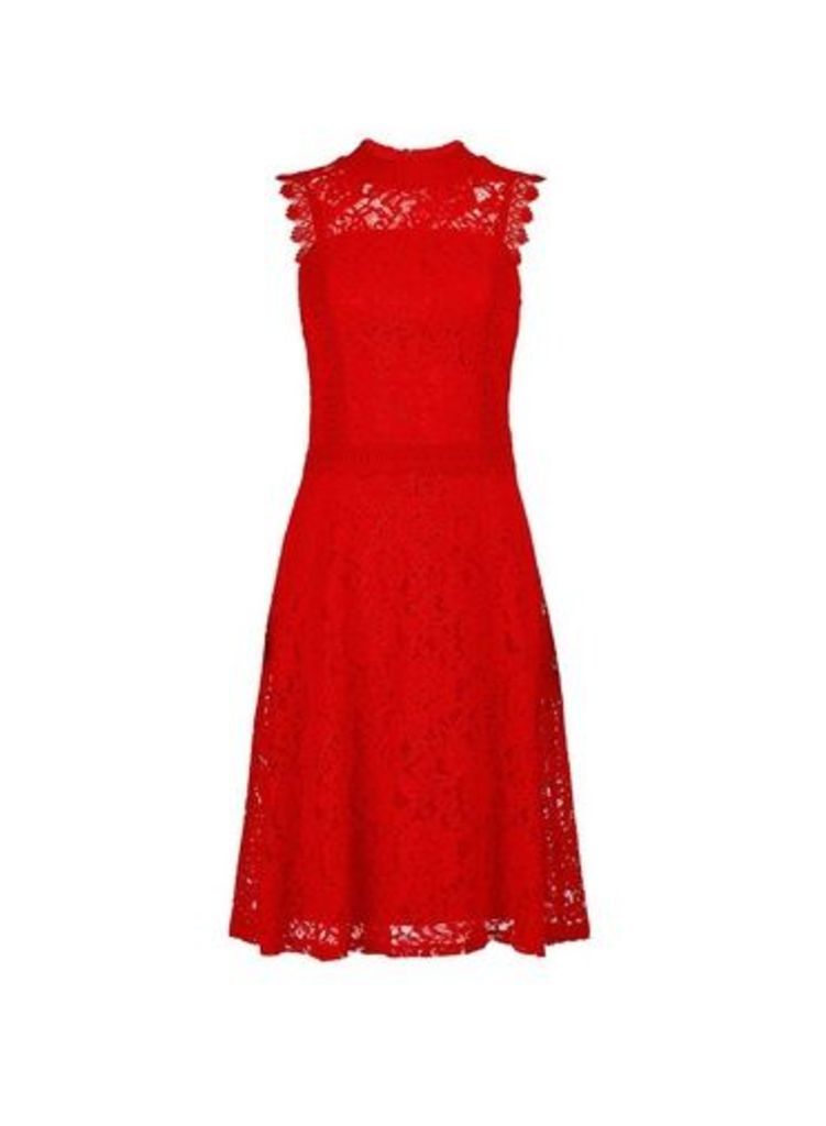 Womens Red Lace Midi Skater Dress, Red