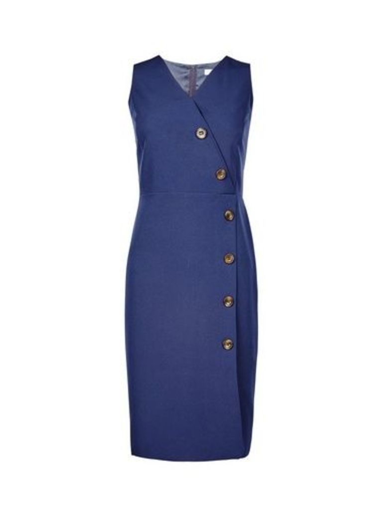 Womens Dp Petite Navy V-Neck Horrn Effect Button Wrap Dress - Blue, Blue