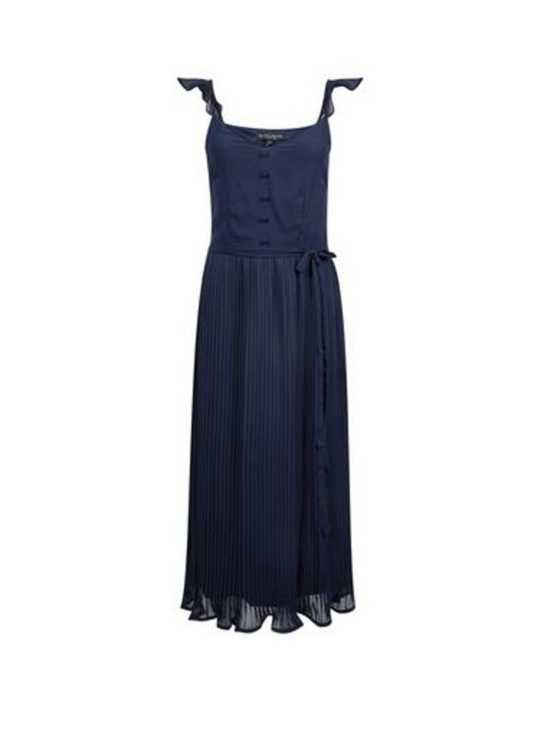 Womens Navy Pleated Button Front Midi Dress - Blue, Blue