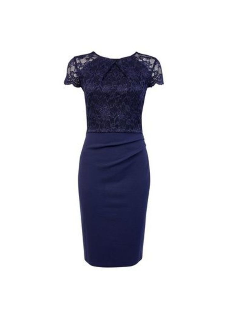 Womens **Blue Lace Top Ruched Bodycon Dress, Blue
