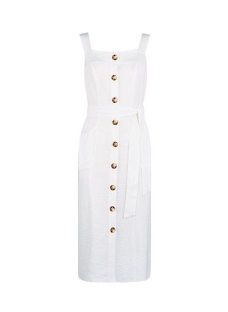Womens Petite Ivory Button Midi Dress- White, White
