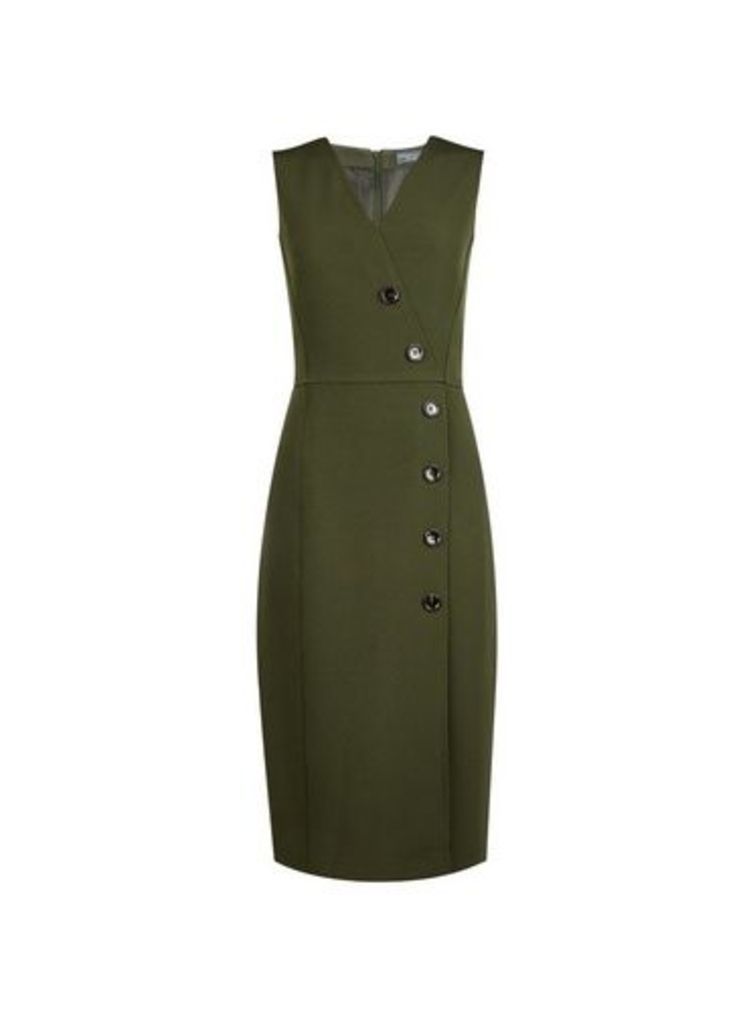 Womens Tall Khaki V-Neck Button Dress - Green, Green