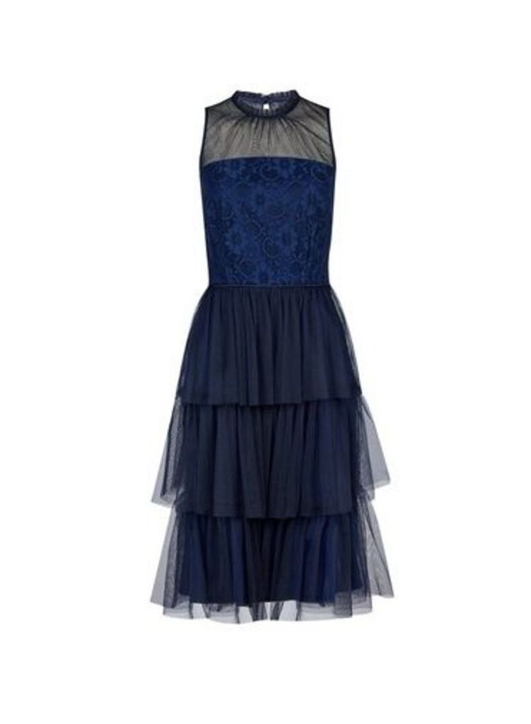 Womens Luxe Navy Tiered Tulle Midi Dress - Blue, Blue