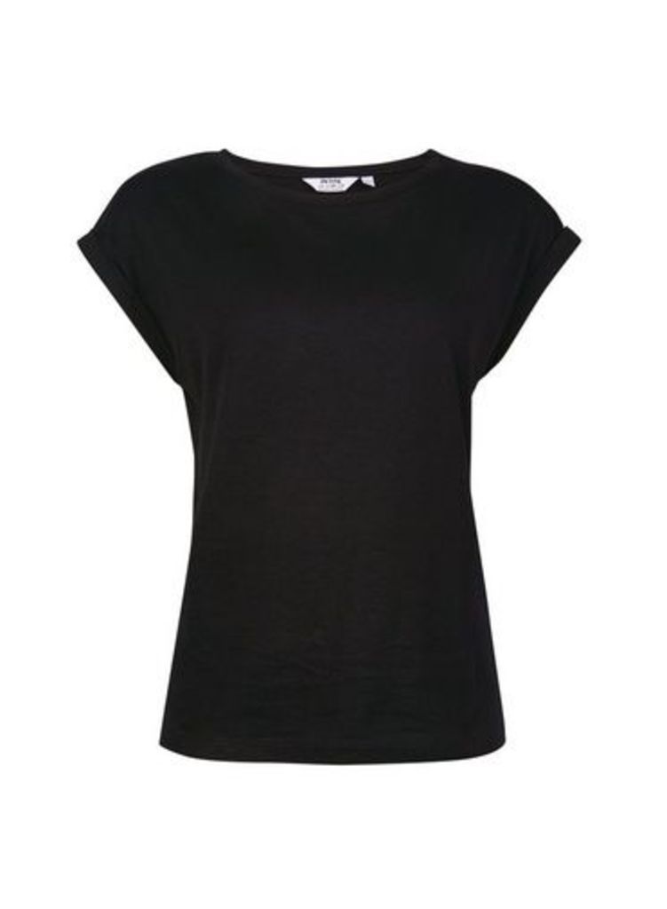 Womens Petite Black Roll Sleeve Cotton T-Shirt, Black