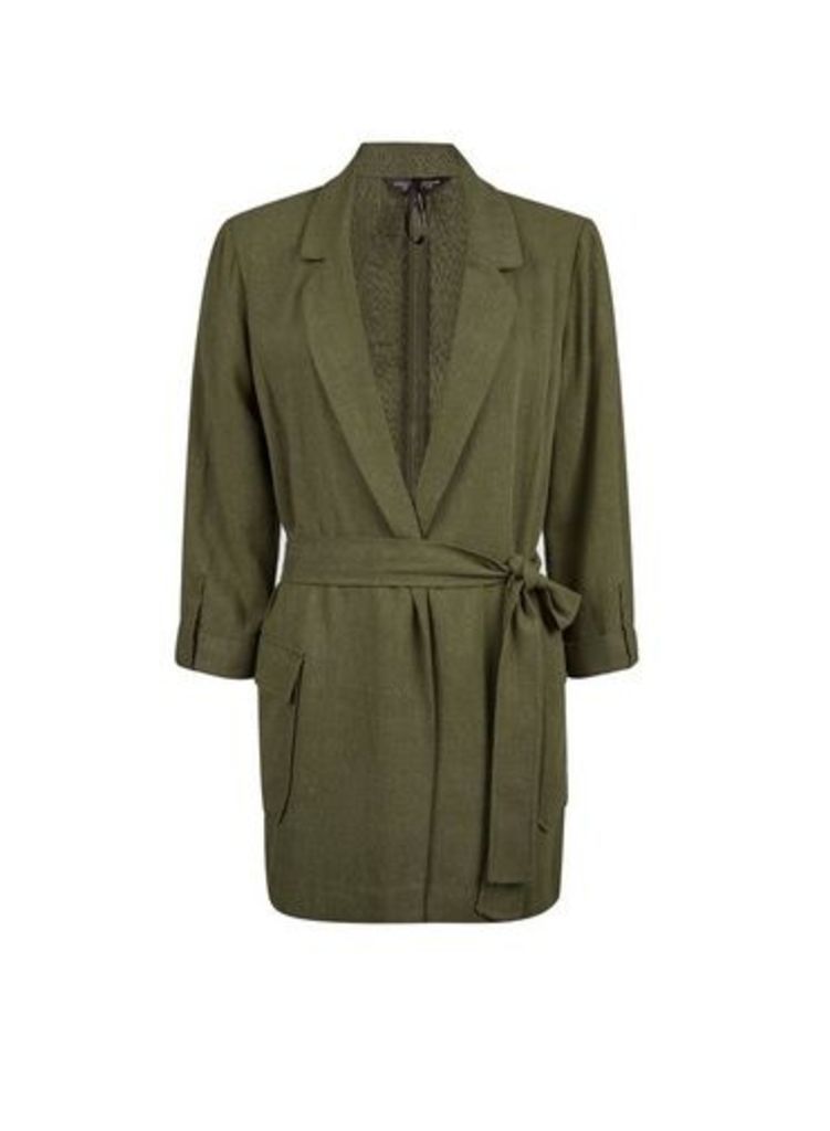 Womens Khaki Belted Jacket With Linen- Green, Green