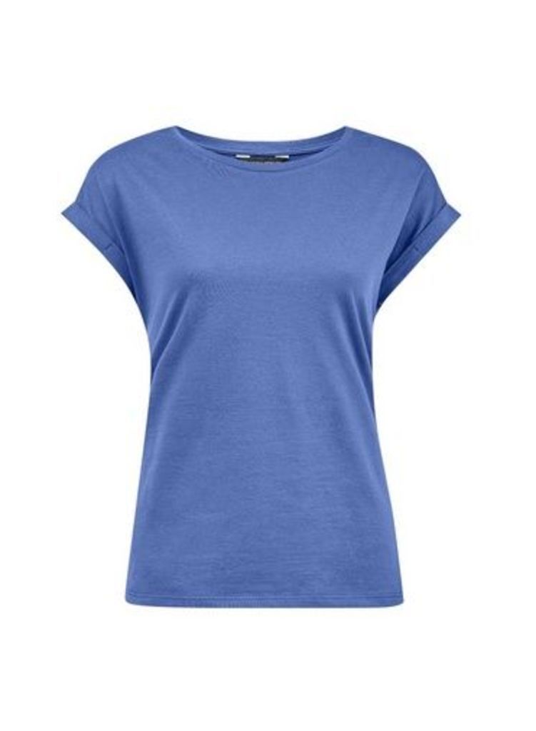 Womens Blue Denim Roll Sleeve T-Shirt- Blue, Blue