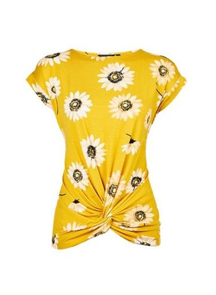 Womens Yellow Twist Front Daisy Print T-Shirt, Yellow