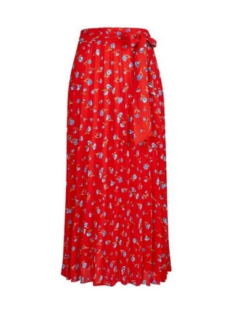 Womens **Tall Red Floral Midi Skirt, Red