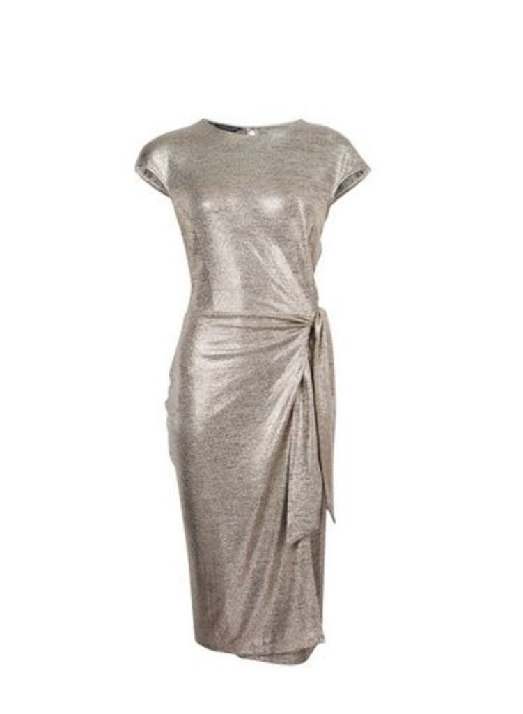 Womens Gold Shimmer Tie Side Pencil Dress, Gold