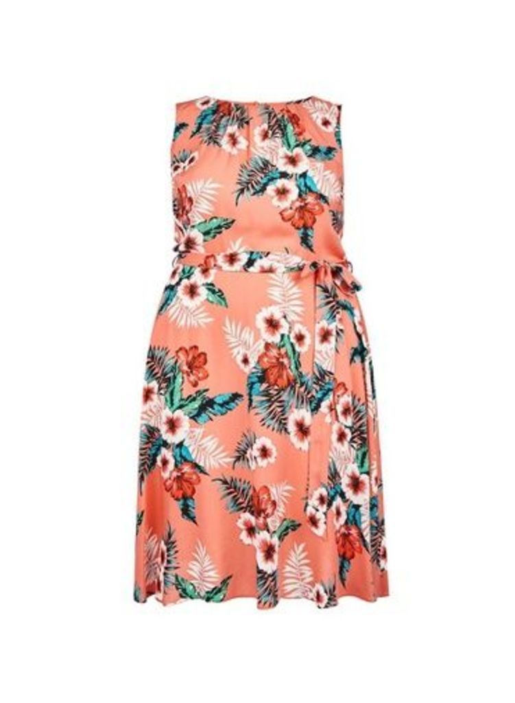 Womens **Billie & Blossom Curve Coral Tropical Print Dress, Coral
