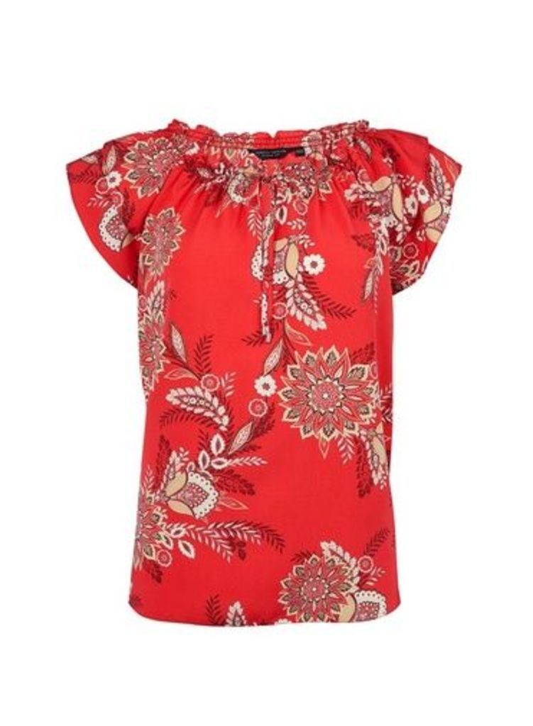Womens Red Floral Print Tie Neck Top, Red
