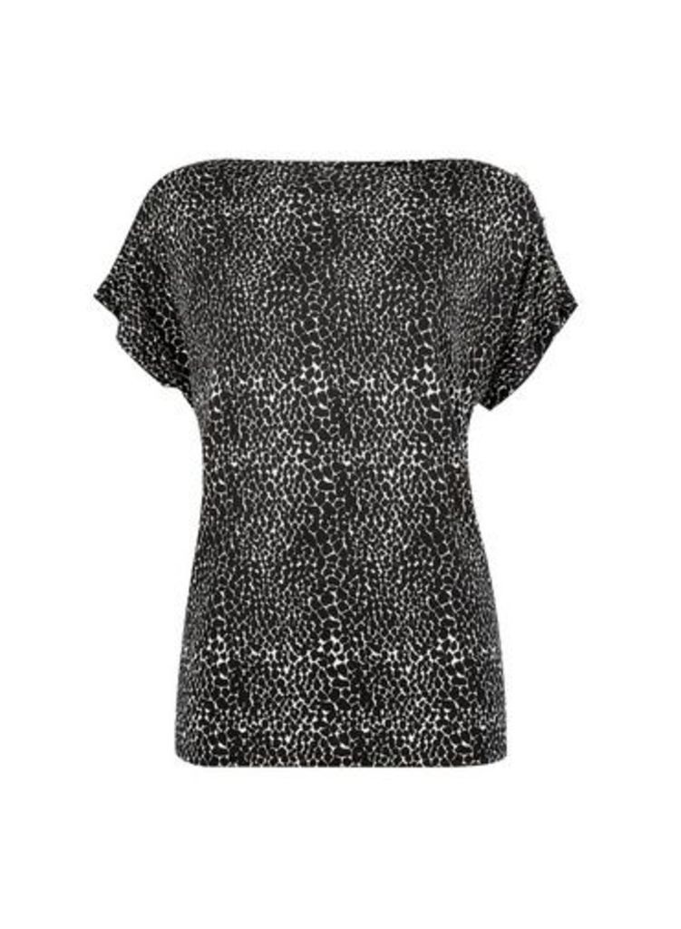 Womens Black Crocodile Print Button Shoulder T-Shirt, Black