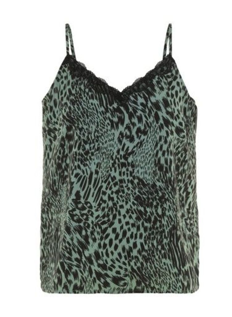 Womens **Vero Moda Black Leopard Print Lace Camisole Top- Black, Black