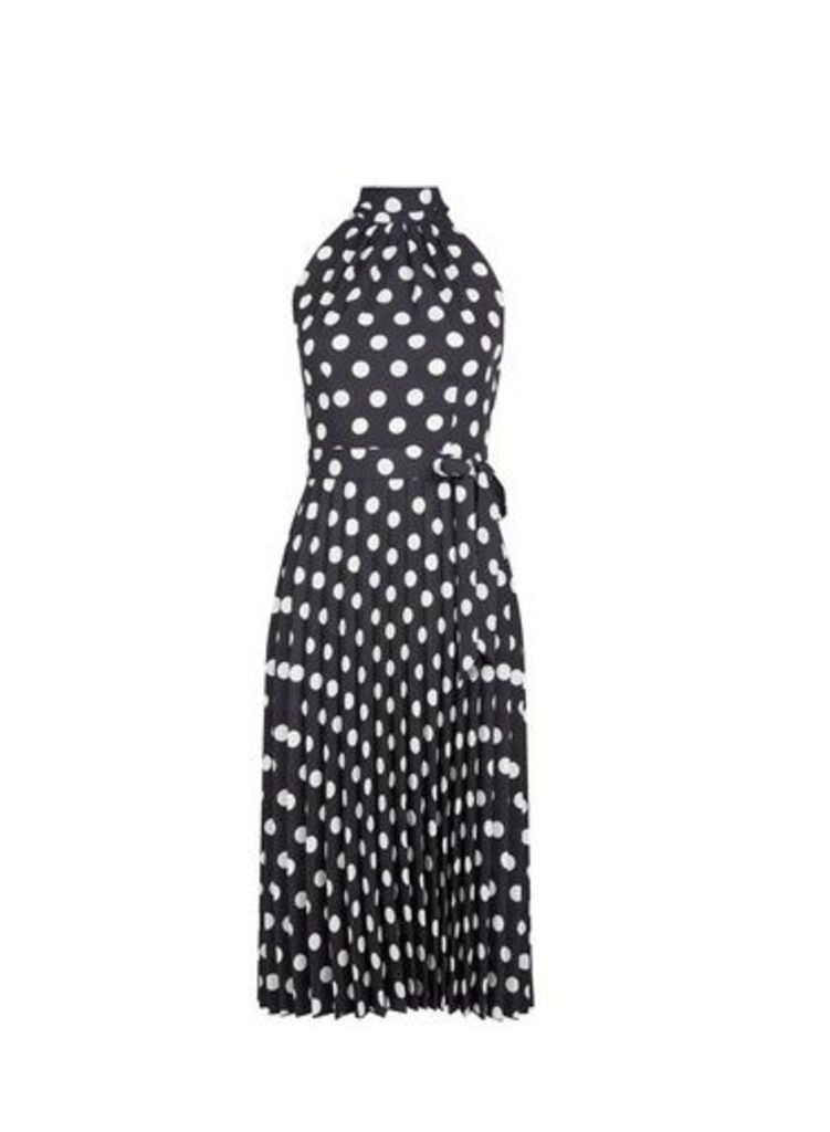 Womens Petite Black Spot Print Halter Neck Pleated Midi Dress- Black, Black
