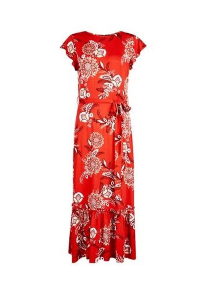 Womens Red Floral Print Jersey Midi Dress, Red