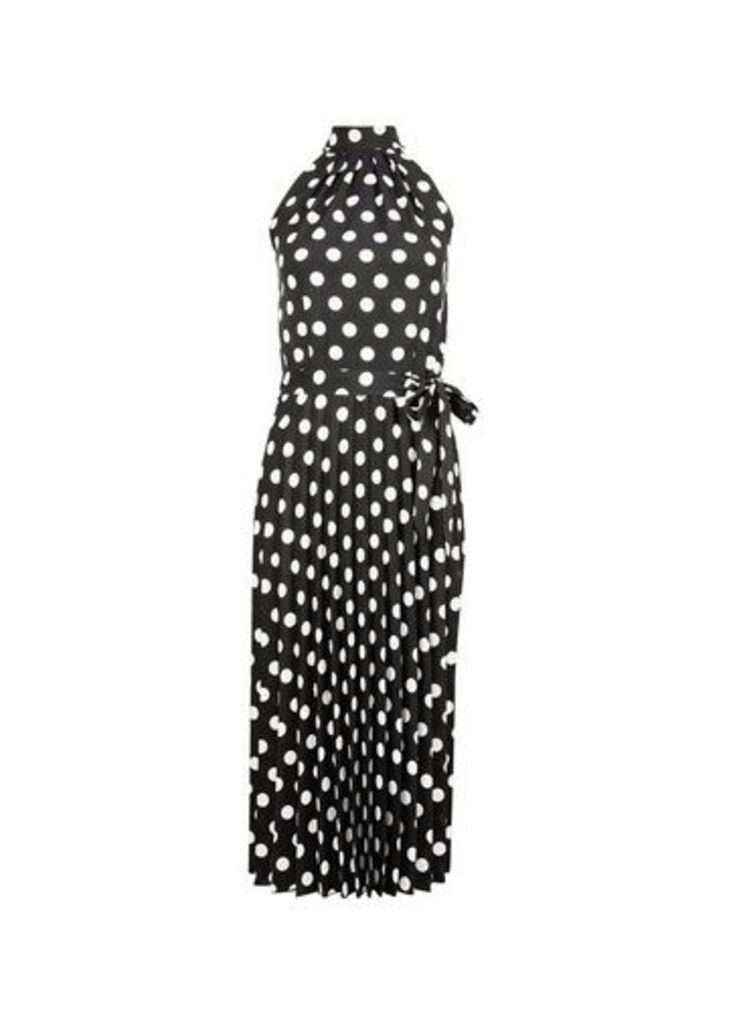 Womens Black Spot Print Halter Neck Pleated Midi Dress, Black