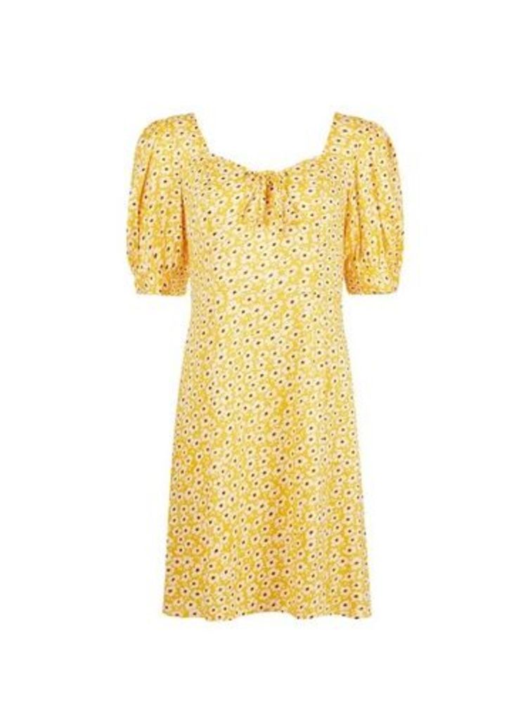 Womens Yellow Ditsy Print Tea Dress, Yellow