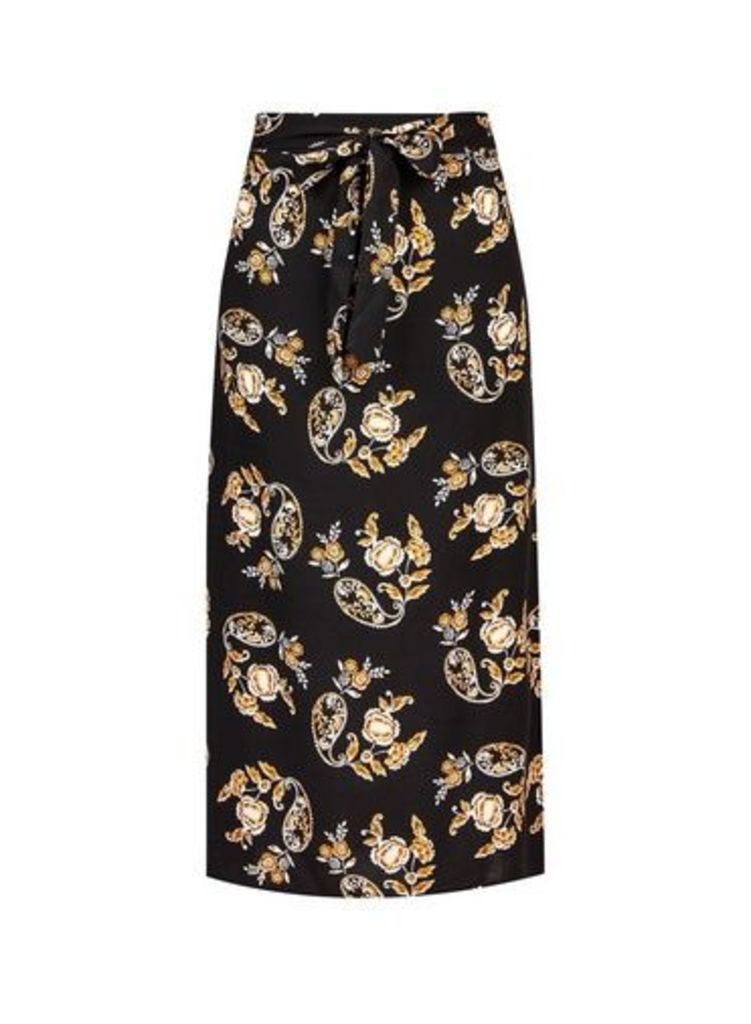 Womens **Tall Black 'Fiona' Floral Print Midi Skirt, Black
