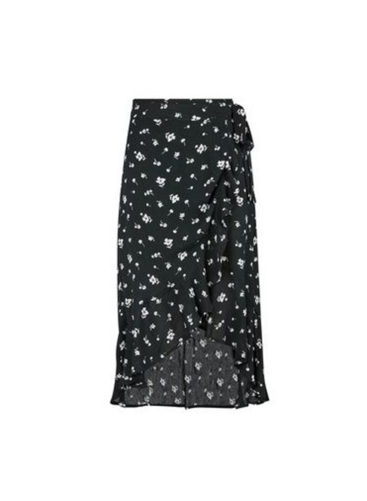 Womens Black Floral Print Midi Wrap Skirt, Black
